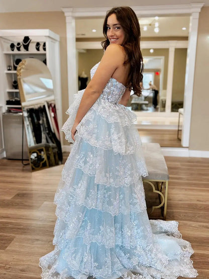 Strapless Tiered Prom Dresses with Slit Lace Applique Formal Dresses - FD3636s-prom dresses 2025 -Viniodress-Light Blue-Custom Size-
