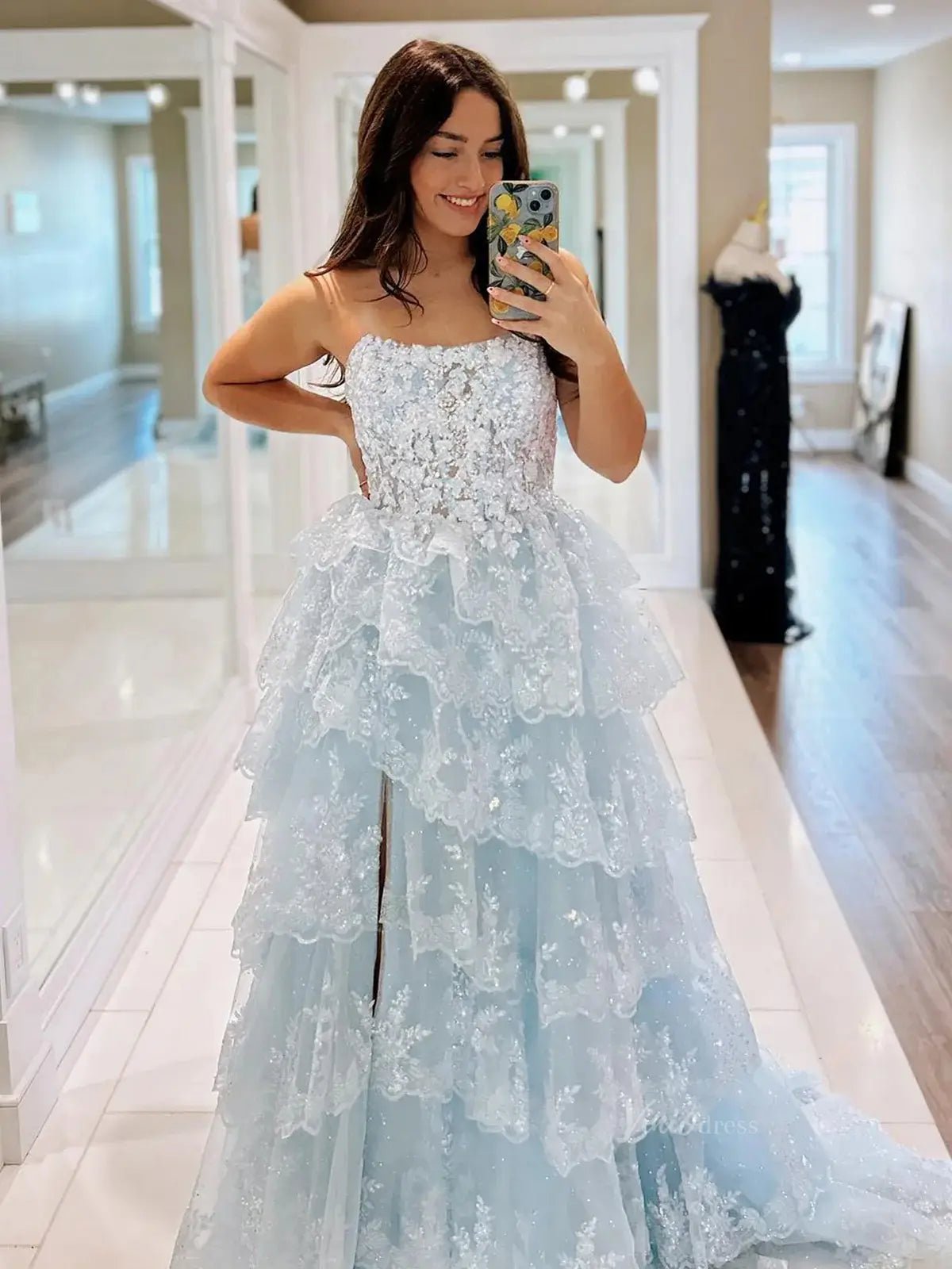 Strapless Tiered Prom Dresses with Slit Lace Applique Formal Dresses - Viniodress Strapless Tiered Prom Dresses with Slit Lace Applique Formal Dresses - Viniodress