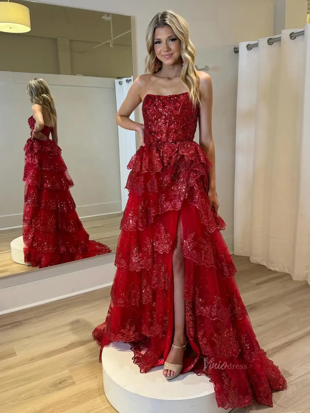 Strapless Tiered Prom Dresses with Slit Lace Applique Formal Dresses - FD3636s-prom dresses 2025 -Viniodress-Red-Custom Size-