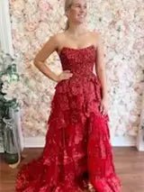 Strapless Tiered Prom Dresses with Slit Lace Applique Formal Dresses - FD3636s - Viniodressprom dressesRedCustom Size - Formal Dresses - Ball Gowns