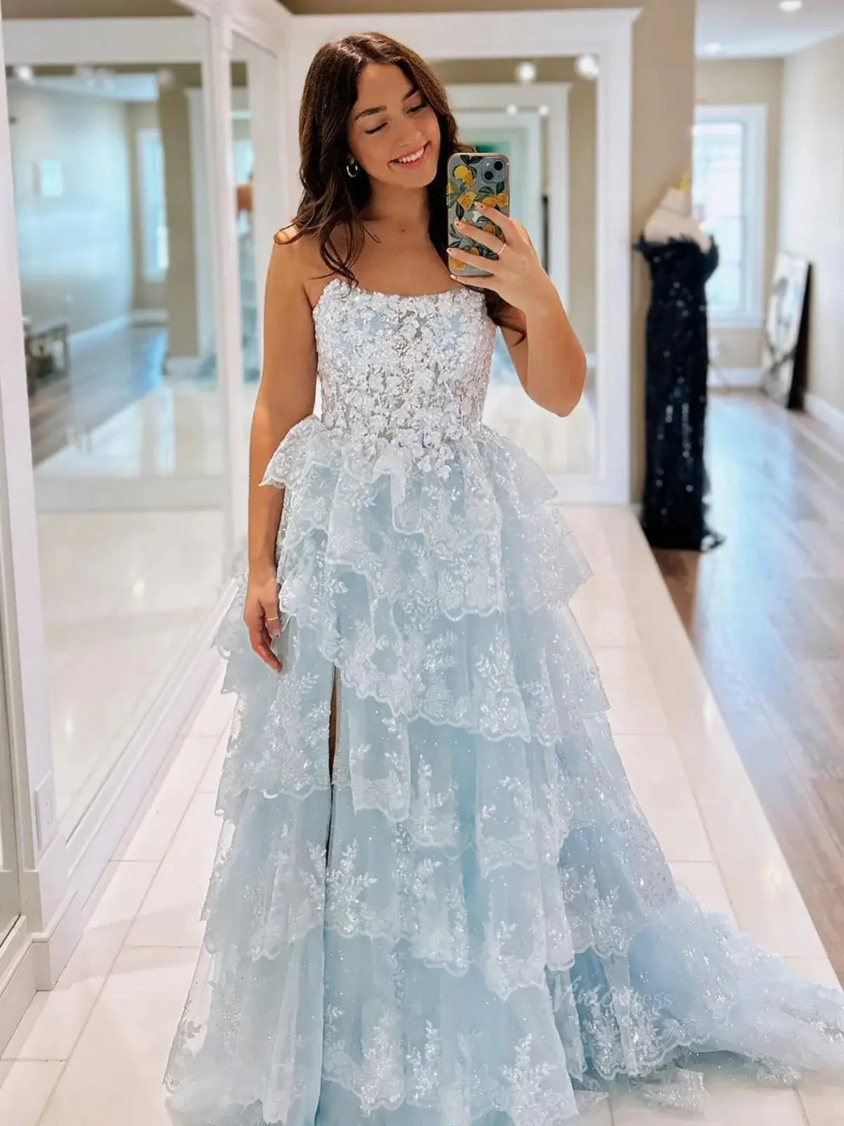 prom dresses 2025 Strapless Tiered Prom Dresses with Slit Lace Applique Formal Dresses - FD3636s-plus size wedding dresses Viniodress-Light Blue-Custom Size-