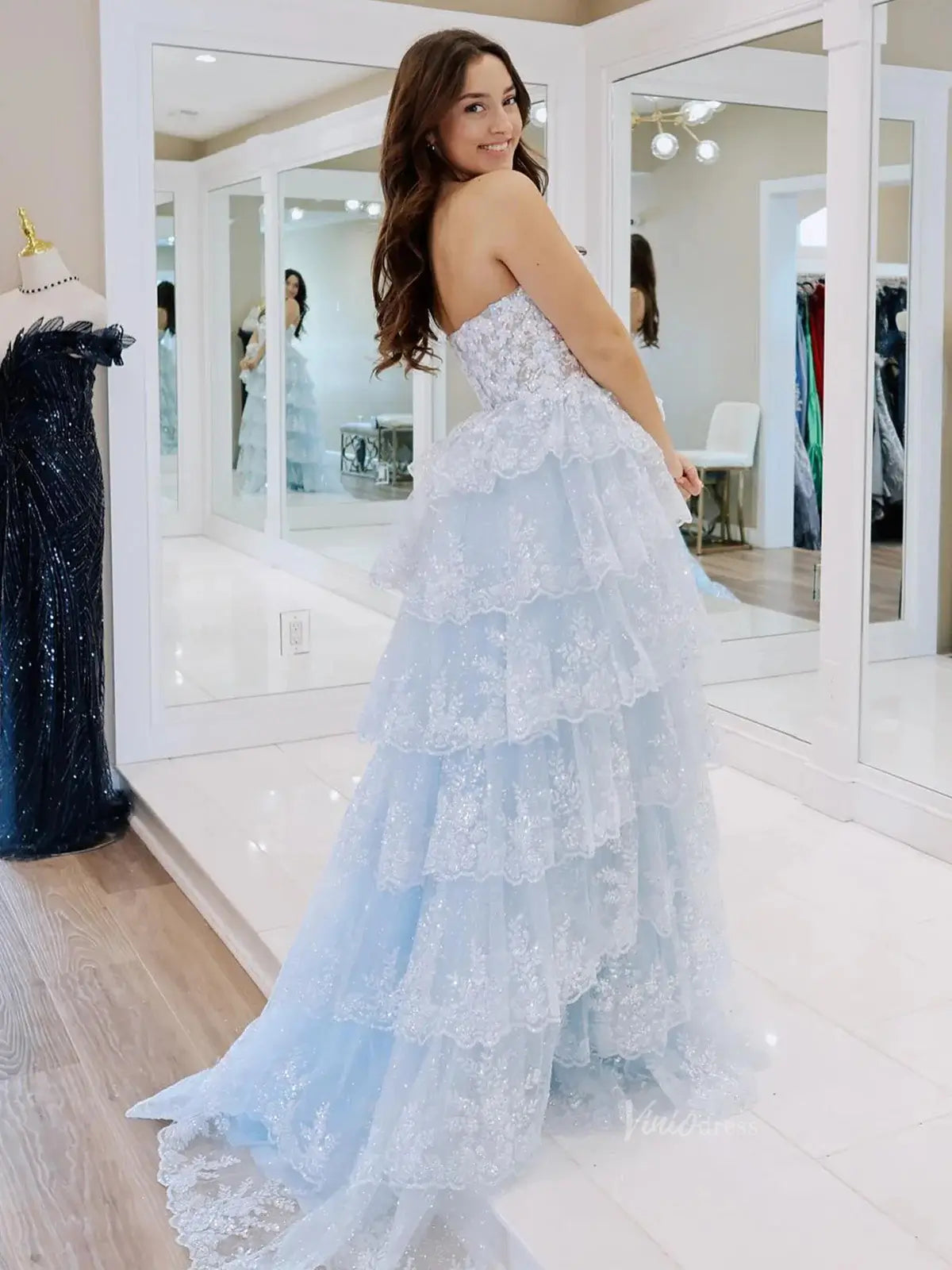 prom dresses 2025 Strapless Tiered Prom Dresses with Slit Lace Applique Formal Dresses - FD3636s-plus size wedding dresses Viniodress-Light Blue-Custom Size-