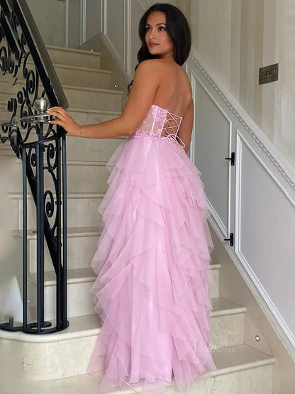 Strapless Tiered Prom Dresses with Slit Sheer Lace Bodice Formal Dresses - FD3715-prom dresses 2025 -Viniodress-Pink-Custom Size-