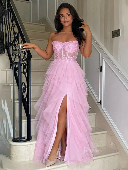 Strapless Tiered Prom Dresses with Slit Sheer Lace Bodice Formal Dresses - FD3715-prom dresses 2025 -Viniodress-Pink-Custom Size-