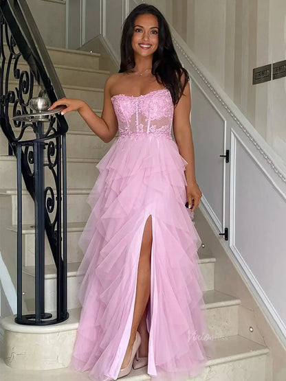 Strapless Tiered Prom Dresses with Slit Sheer Lace Bodice Formal Dresses - FD3715-prom dresses 2025 -Viniodress-Pink-Custom Size-