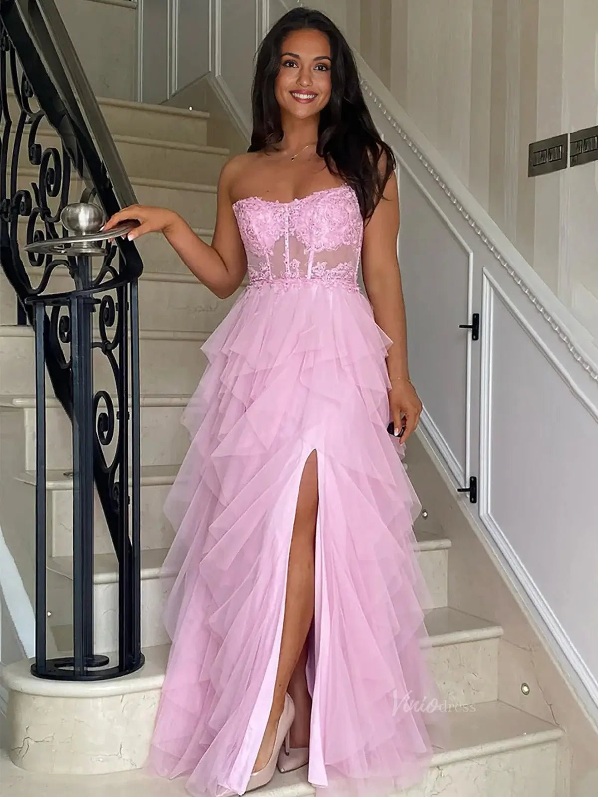 Strapless Tiered Prom Dresses with Slit Sheer Lace Bodice Formal Dresses - FD3715 - Viniodressprom dressesPinkCustom Size - Formal Dresses - Ball Gowns