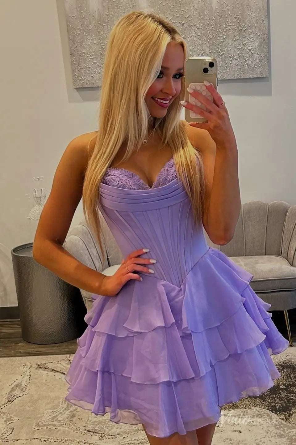 Strapless Tiered Ruffle Homecoming Dress with Sweetheart Lace Corset Bodice – H1144-Homecoming Dresses 2025 -Viniodress-Blush-Custom Size-