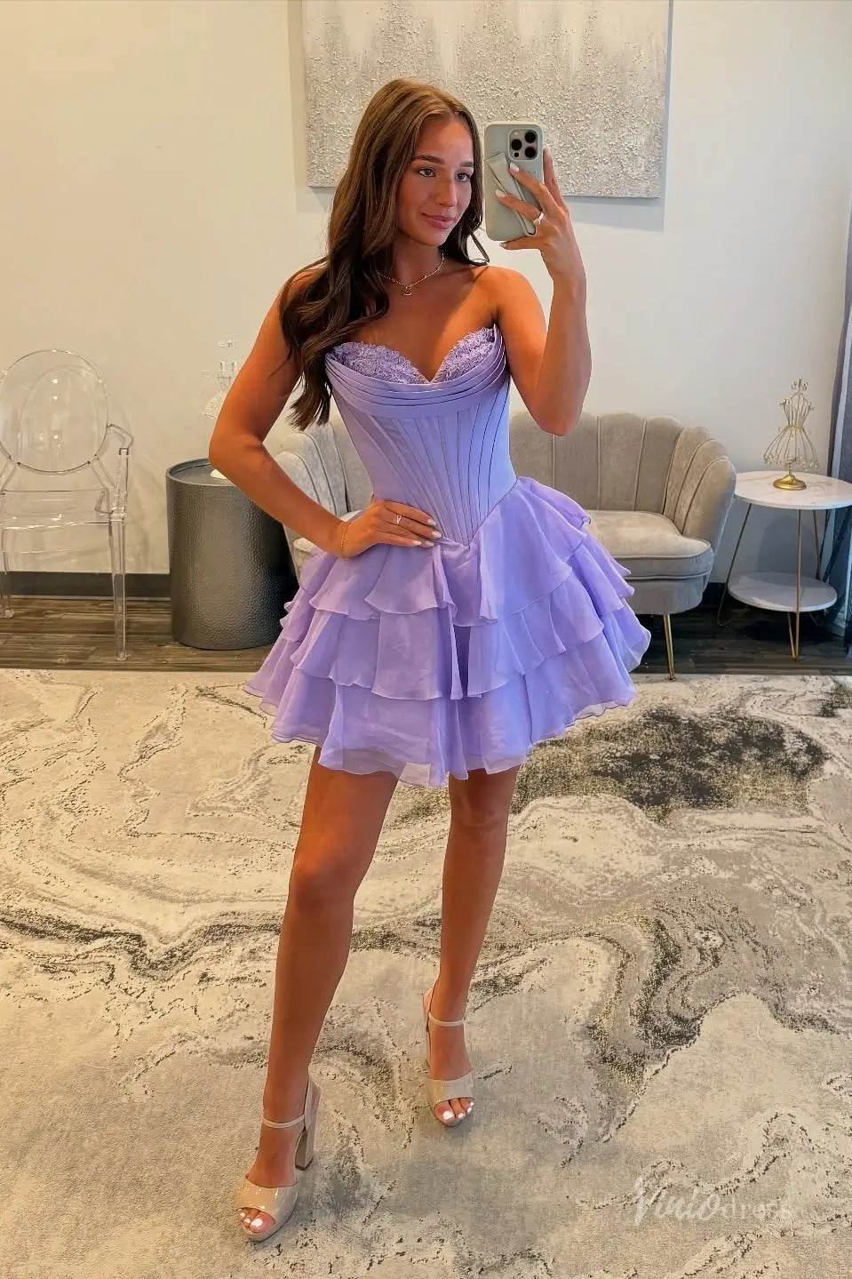 Strapless Tiered Ruffle Homecoming Dress with Sweetheart Lace Corset Bodice – H1144-Homecoming Dresses 2025 -Viniodress-Lavender-Custom Size-