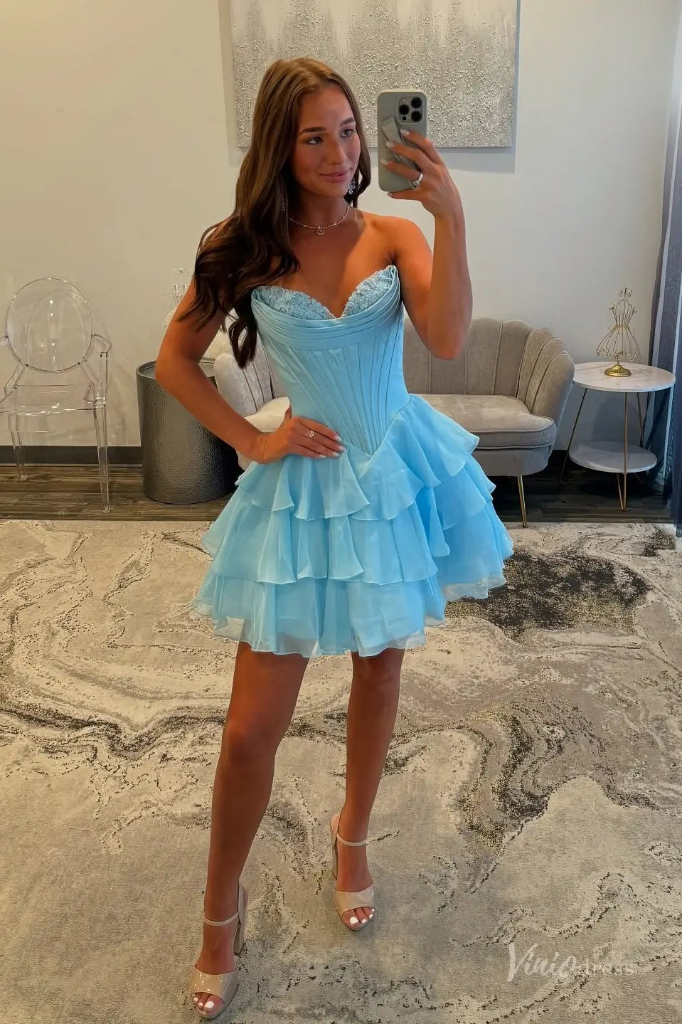 Strapless Tiered Ruffle Homecoming Dress with Sweetheart Lace Corset Bodice – H1144-Homecoming Dresses 2025 -Viniodress-Light Blue-Custom Size-