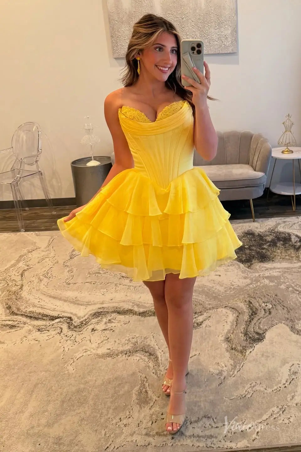 Strapless Tiered Ruffle Homecoming Dress with Sweetheart Lace Corset Bodice – H1144-Homecoming Dresses 2025 -Viniodress-Blush-Custom Size-