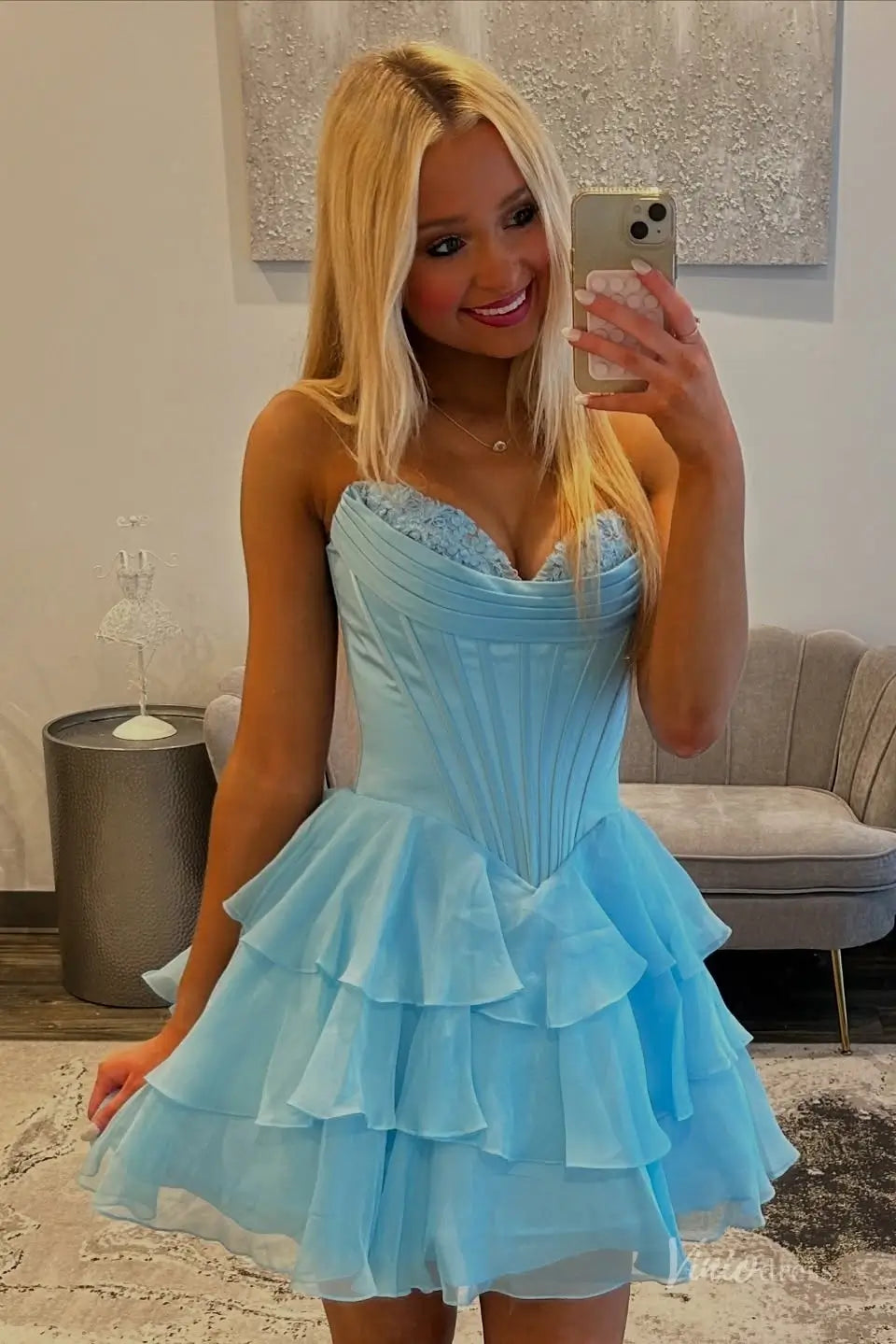 Strapless Tiered Ruffle Homecoming Dress with Sweetheart Lace Corset Bodice – H1144-Homecoming Dresses 2025 -Viniodress-Blush-Custom Size-