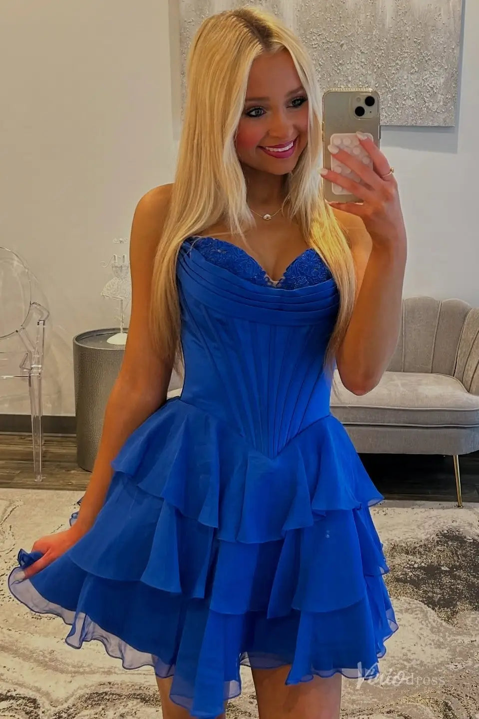 Strapless Tiered Ruffle Homecoming Dress with Sweetheart Lace Corset Bodice – H1144-Homecoming Dresses 2025 -Viniodress-Blush-Custom Size-