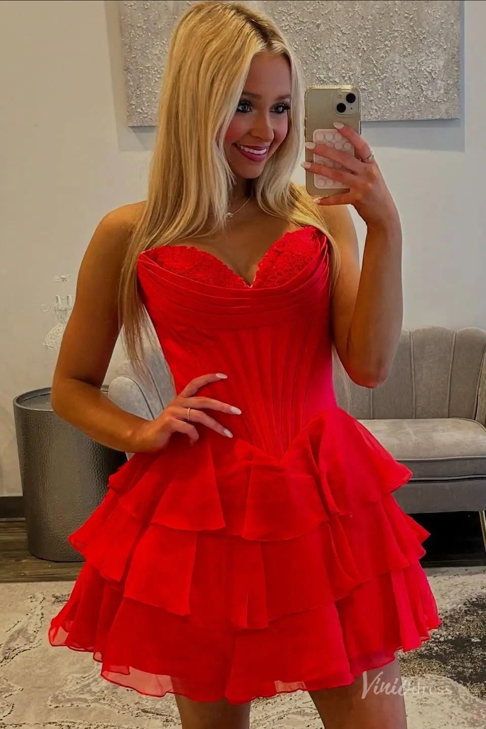 Strapless Tiered Ruffle Homecoming Dress with Sweetheart Lace Corset Bodice – H1144-Homecoming Dresses 2025 -Viniodress-Blush-Custom Size-