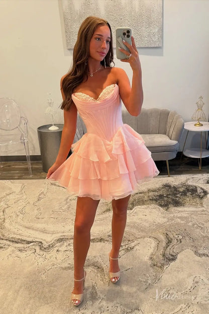 Strapless Tiered Ruffle Homecoming Dress with Sweetheart Lace Corset Bodice – H1144-Homecoming Dresses 2025 -Viniodress-Blush-Custom Size-