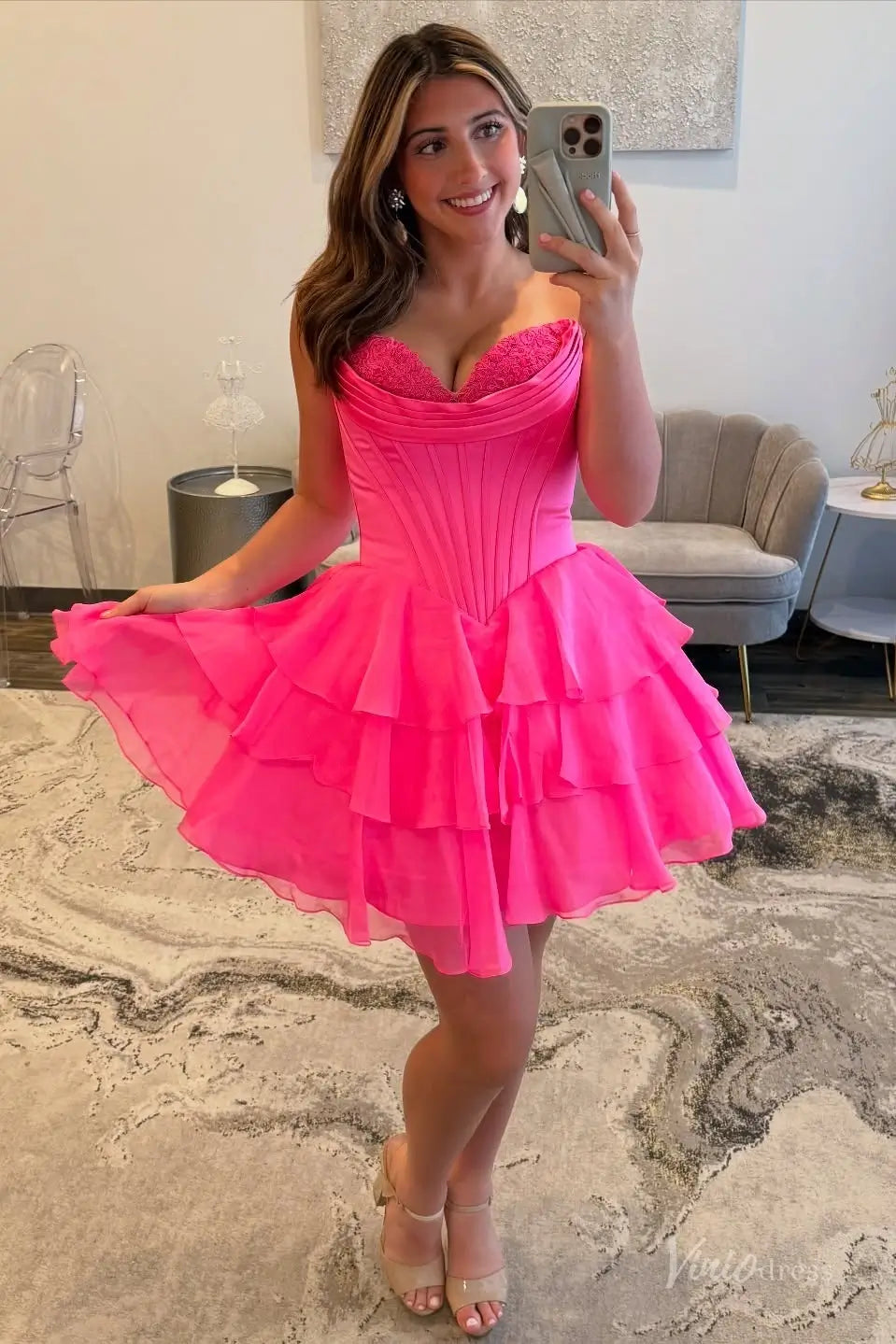Strapless Tiered Ruffle Homecoming Dress with Sweetheart Lace Corset Bodice – H1144-Homecoming Dresses 2025 -Viniodress-Blush-Custom Size-