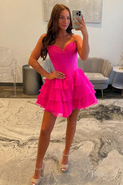 Strapless Tiered Ruffle Homecoming Dress with Sweetheart Lace Corset Bodice – H1144-Homecoming Dresses 2025 -Viniodress-Fuchsia-Custom Size-