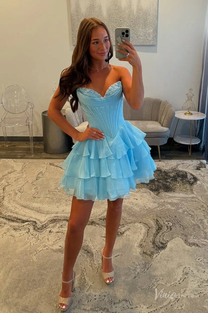 Strapless Tiered Ruffle Homecoming Dress with Sweetheart Lace Corset Bodice – H1144-Homecoming Dresses 2025 -Viniodress-Light Blue-Custom Size-