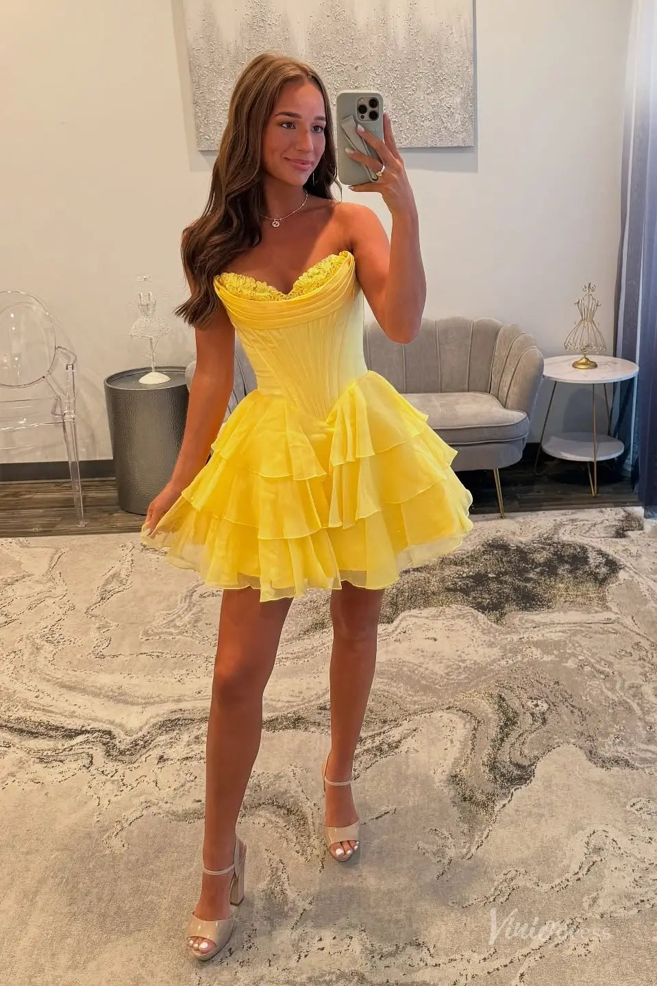 Strapless Tiered Ruffle Homecoming Dress with Sweetheart Lace Corset Bodice – H1144-Homecoming Dresses 2025 -Viniodress-Yellow-Custom Size-