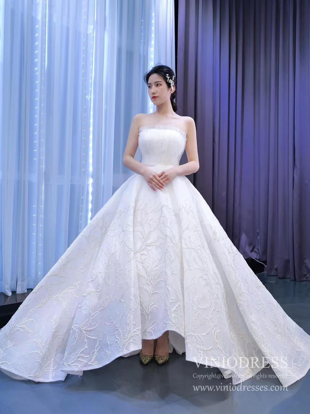 Strapless Tulle High Low Wedding Dresses Lace Appliqued 67304-wedding dresses 2025 -Viniodress-Ivory-Custom Size-