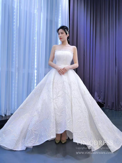 Strapless Tulle High Low Wedding Dresses Lace Appliqued 67304-wedding dresses 2025 -Viniodress-Ivory-Custom Size-