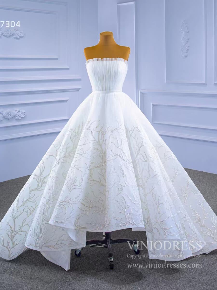 Strapless Tulle High Low Wedding Dresses Lace Appliqued 67304-wedding dresses-Viniodress-Viniodress