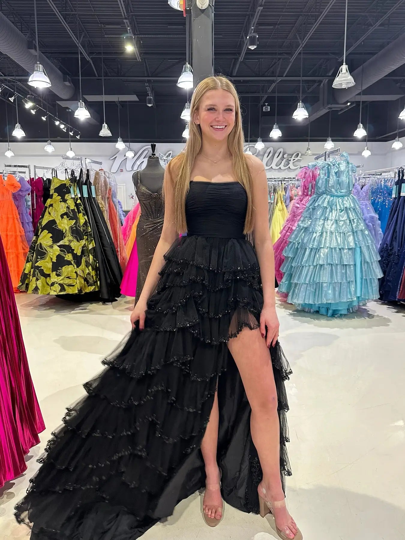 Strapless Tulle Prom Dress with Slit, Pleated Bodice & Beaded Tiered Bottom - FD6071-prom dresses 2025 -Viniodress-Black-Custom Size-