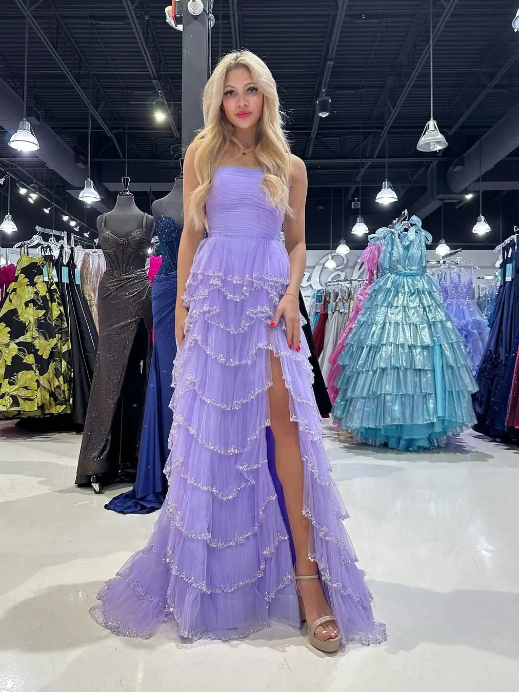 Strapless Tulle Prom Dress with Slit, Pleated Bodice & Beaded Tiered Bottom - FD6071-prom dresses 2025 -Viniodress-Custom Colors-Custom Size-