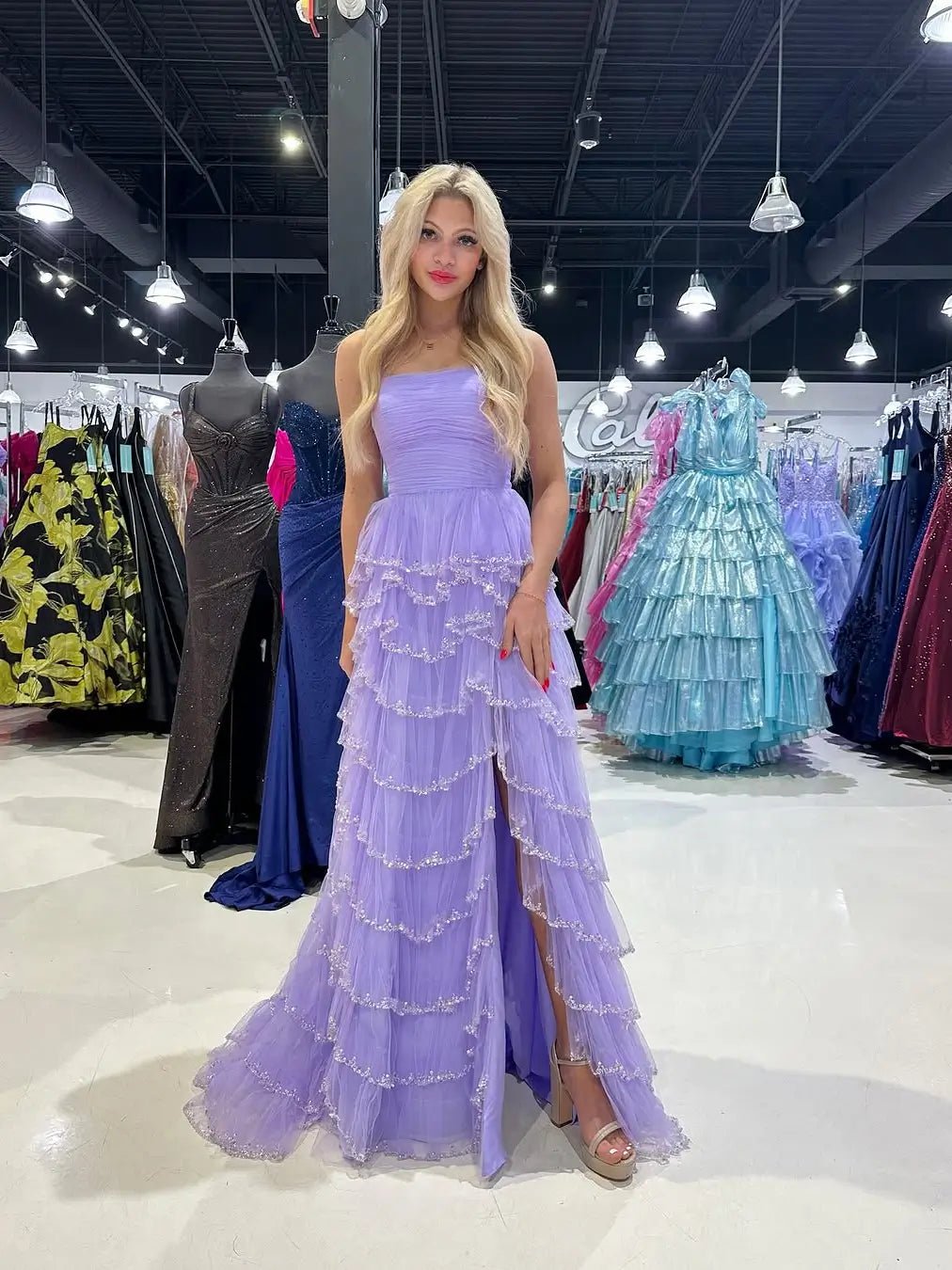 Strapless Tulle Prom Dress with Slit, Pleated Bodice & Beaded Tiered Bottom - FD6071-prom dresses 2025 -Viniodress-Custom Colors-Custom Size-