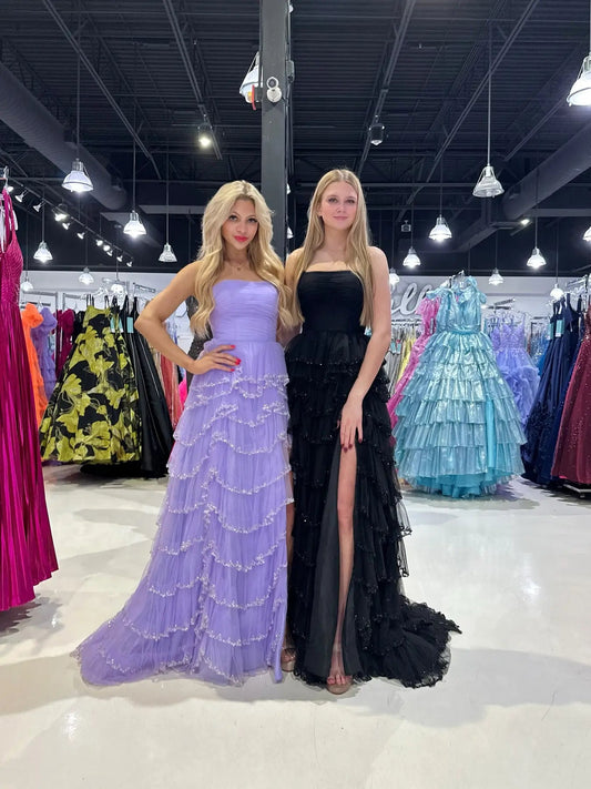 Strapless Tulle Prom Dress with Slit, Pleated Bodice & Beaded Tiered Bottom - FD6071-prom dresses 2025 -Viniodress-Custom Colors-Custom Size-