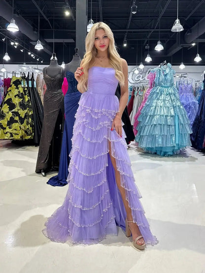 Strapless Tulle Prom Dress with Slit, Pleated Bodice & Beaded Tiered Bottom - FD6071-prom dresses 2025 -Viniodress-Lavender-Custom Size-