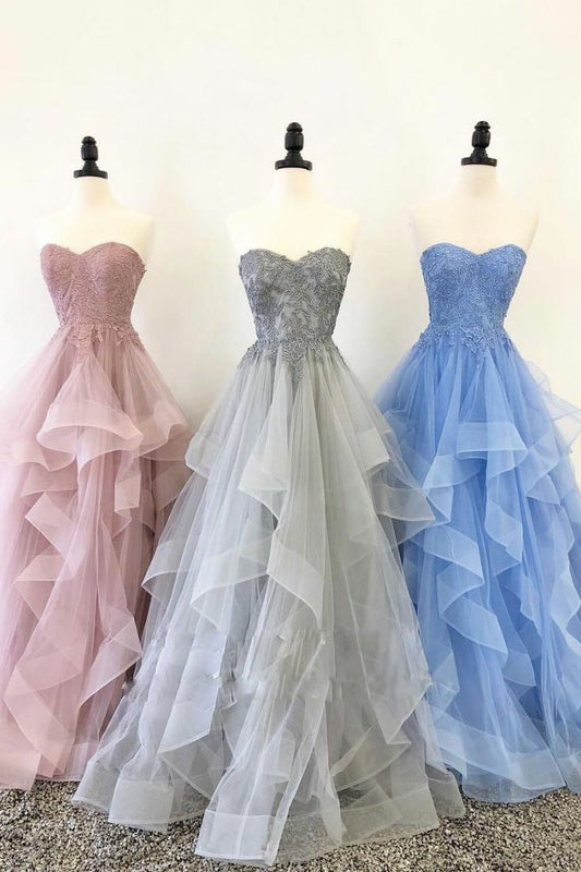Strapless Tulle Ruffled Long Prom Dresses Lace Bodice Ball Gowns FD2386-prom dresses 2025 -Viniodress-As Picture-Custom Size-