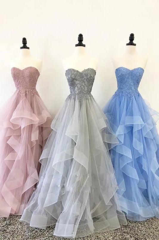 Strapless Tulle Ruffled Long Prom Dresses Lace Bodice Ball Gowns FD2386-prom dresses 2025 -Viniodress-As Picture-Custom Size-