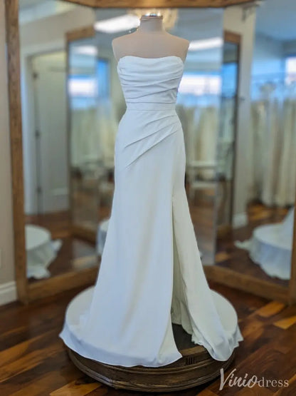 Strapless White Crepe Wedding Dress with Ruched Bodice and Slit – VW2537-wedding dresses 2025 -Viniodress-White-Custom Size-