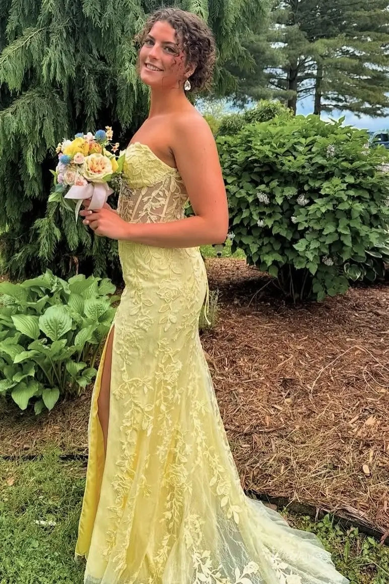 Strapless Yellow Mermaid Lace Prom Dresses with Slit, Lace-up Back LP001-prom dresses 2026-Viniodress-Yellow-Custom Size-