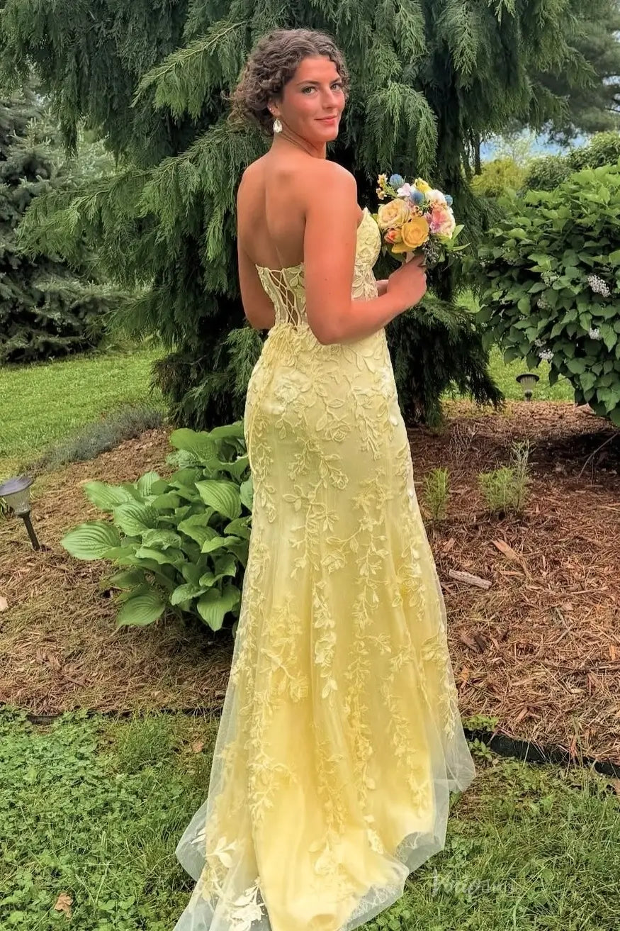 Strapless Yellow Mermaid Lace Prom Dresses with Slit, Lace-up Back LP001-prom dresses 2026-Viniodress-Yellow-Custom Size-
