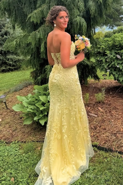 Strapless Yellow Mermaid Lace Prom Dresses with Slit, Lace-up Back LP001-prom dresses 2026-Viniodress-Yellow-Custom Size-
