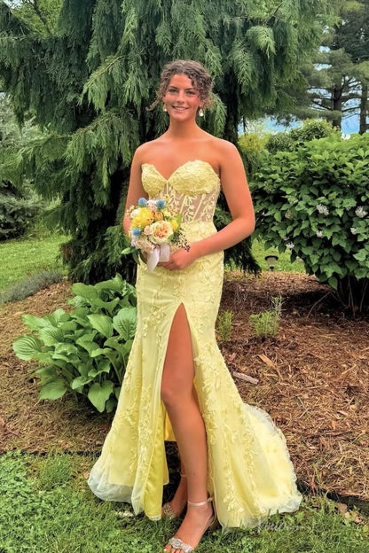 Strapless Yellow Mermaid Lace Prom Dresses with Slit, Lace-up Back LP001-prom dresses 2026-Viniodress-Yellow-Custom Size-