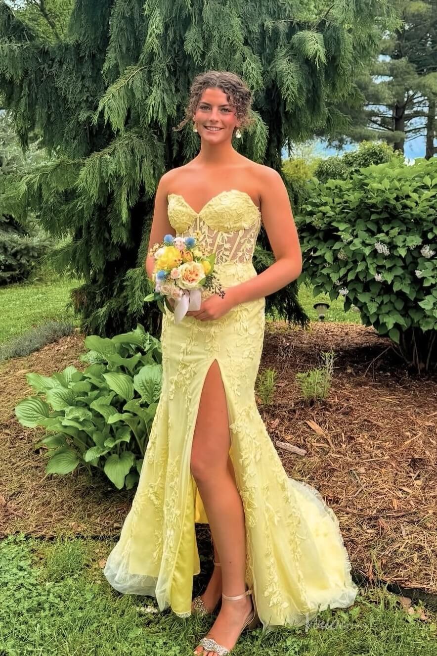 Strapless Yellow Mermaid Lace Prom Dresses with Slit, Lace-up Back LP001-prom dresses 2026-Viniodress-Yellow-Custom Size-