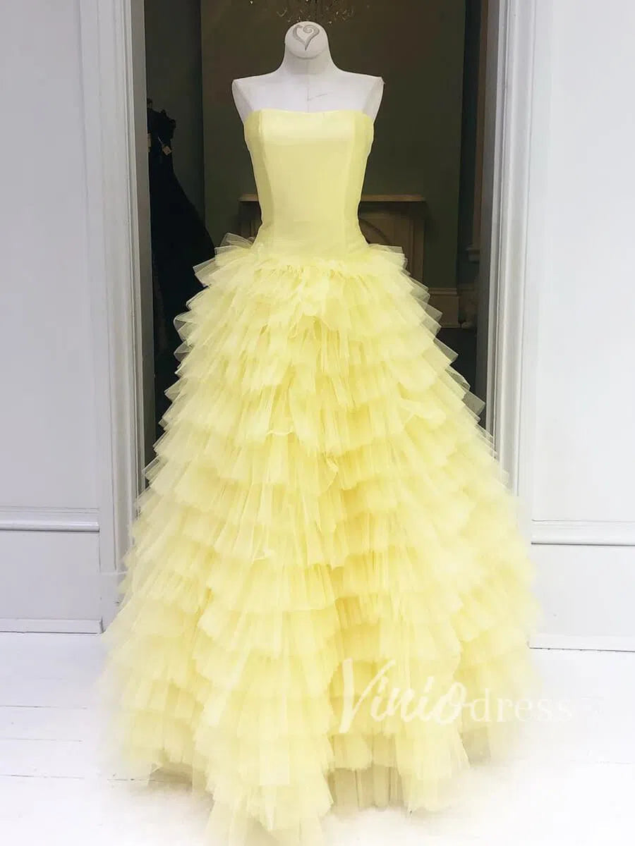 Prom Dress 2025 Strapless Yellow Prom Dresses with Tiered Skirt FD1496-unique prom dresses-Yellow-Custom Size-Viniodress