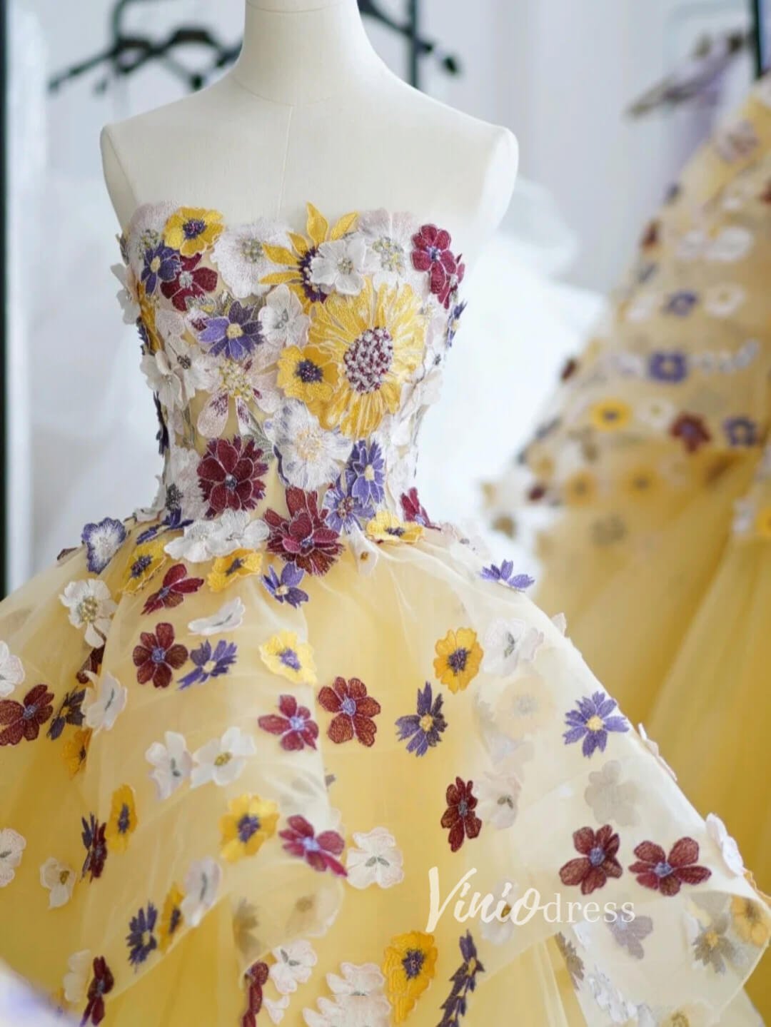 Strapless Yellow Quince Dresses 3D Floral Tulle Sweet 16 Ball Gowns FD3449-Quinceanera Dresses 2025 -Viniodress-Yellow-Custom Size-