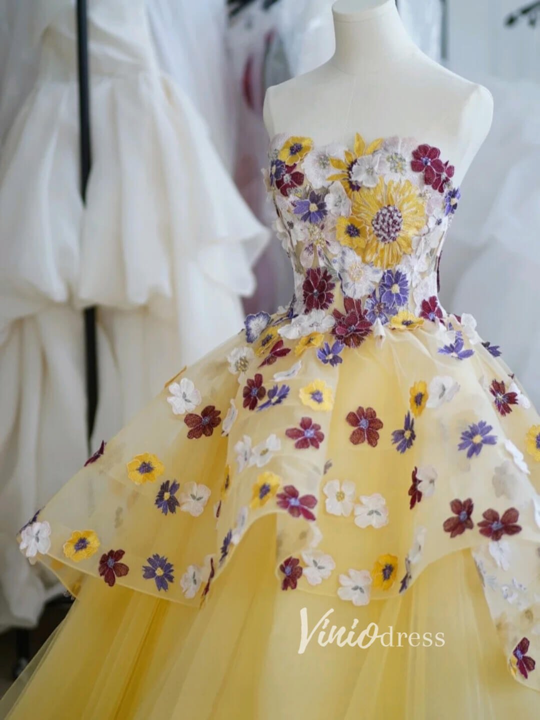 Strapless Yellow Quince Dresses 3D Floral Tulle Sweet 16 Ball Gowns FD3449-Quinceanera Dresses 2025 -Viniodress-Yellow-Custom Size-