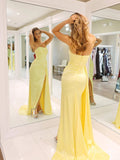 Strapless Yellow Satin Mermaid Prom Dresses with Tail High Slit Pleated Bodice FD4083-prom dresses-Viniodress-Viniodress