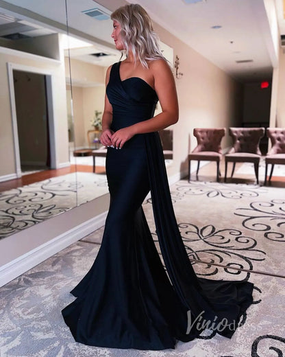 One Shoulder Mermaid Prom Dress Pleated Overskirt Formal Gown FD2846-prom dresses 2025 -Viniodress-Black-Custom Size-