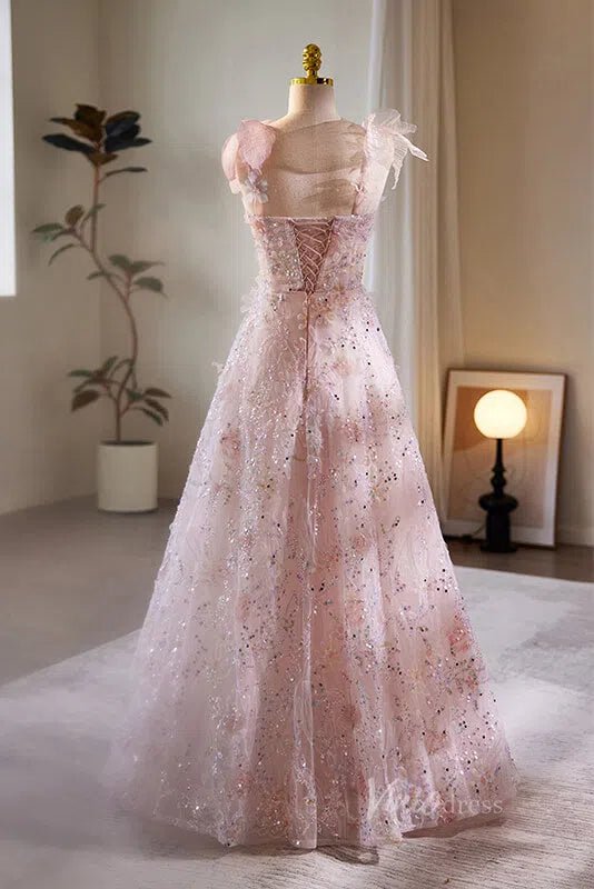 Stunning Beaded Floral Lace Prom Dresses Spaghetti Strap Formal Dress AD1088-prom dresses 2025 -Viniodress-Pink-Custom Size-