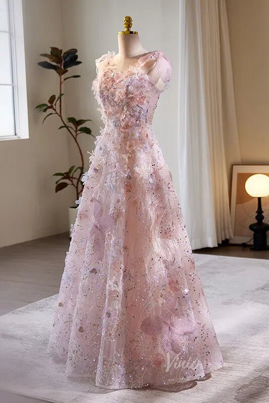 Stunning Beaded Floral Lace Prom Dresses Spaghetti Strap Formal Dress AD1088-prom dresses 2025 -Viniodress-Pink-Custom Size-