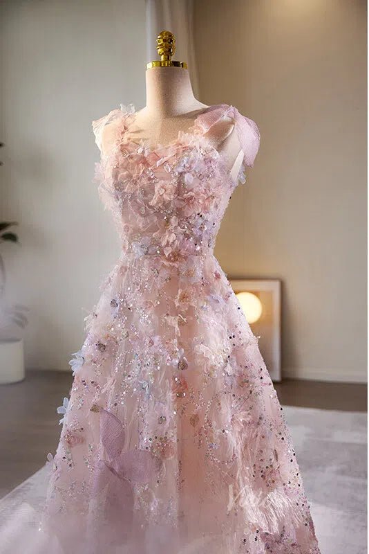 Stunning Beaded Floral Lace Prom Dresses Spaghetti Strap Formal Dress AD1088-prom dresses 2025 -Viniodress-Pink-Custom Size-