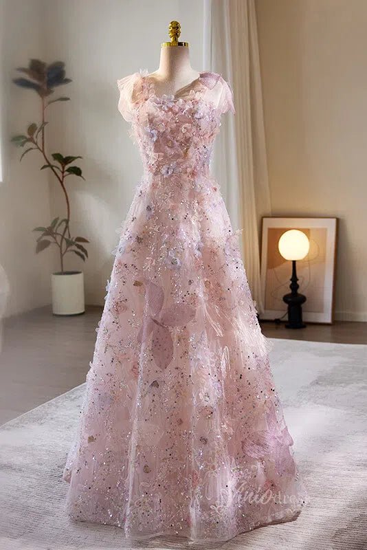 Stunning Beaded Floral Lace Prom Dresses Spaghetti Strap Formal Dress AD1088-prom dresses 2025 -Viniodress-Pink-Custom Size-