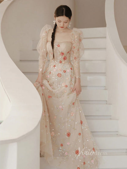 Stunning Beaded Lace Floral Prom Dresses Long Puffed Sleeve Formal Dress AD1077-prom dresses 2025 -Viniodress-Pink-Custom Size-