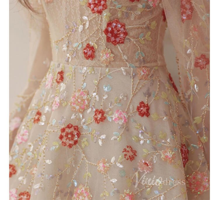 Stunning Beaded Lace Floral Prom Dresses Long Puffed Sleeve Formal Dress AD1077-prom dresses 2025 -Viniodress-Pink-Custom Size-