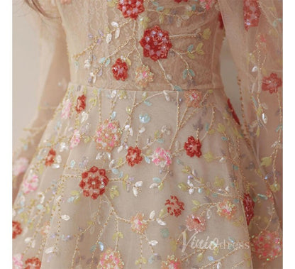 Stunning Beaded Lace Floral Prom Dresses Long Puffed Sleeve Formal Dress AD1077-prom dresses 2025 -Viniodress-Pink-Custom Size-